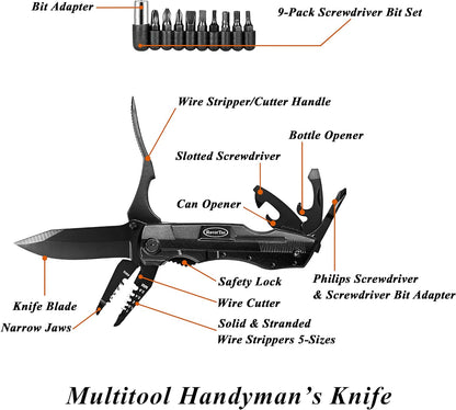 RoverTac Pocket Knife Tactical Folding Knife Multi Tool Survival Camping Knife, Multitool Knife Pliers Bottle & Can Opener 9-Pack Screwdrivers Liner Lock Nylon Sheath, Pocket Knife for Camping Hiking