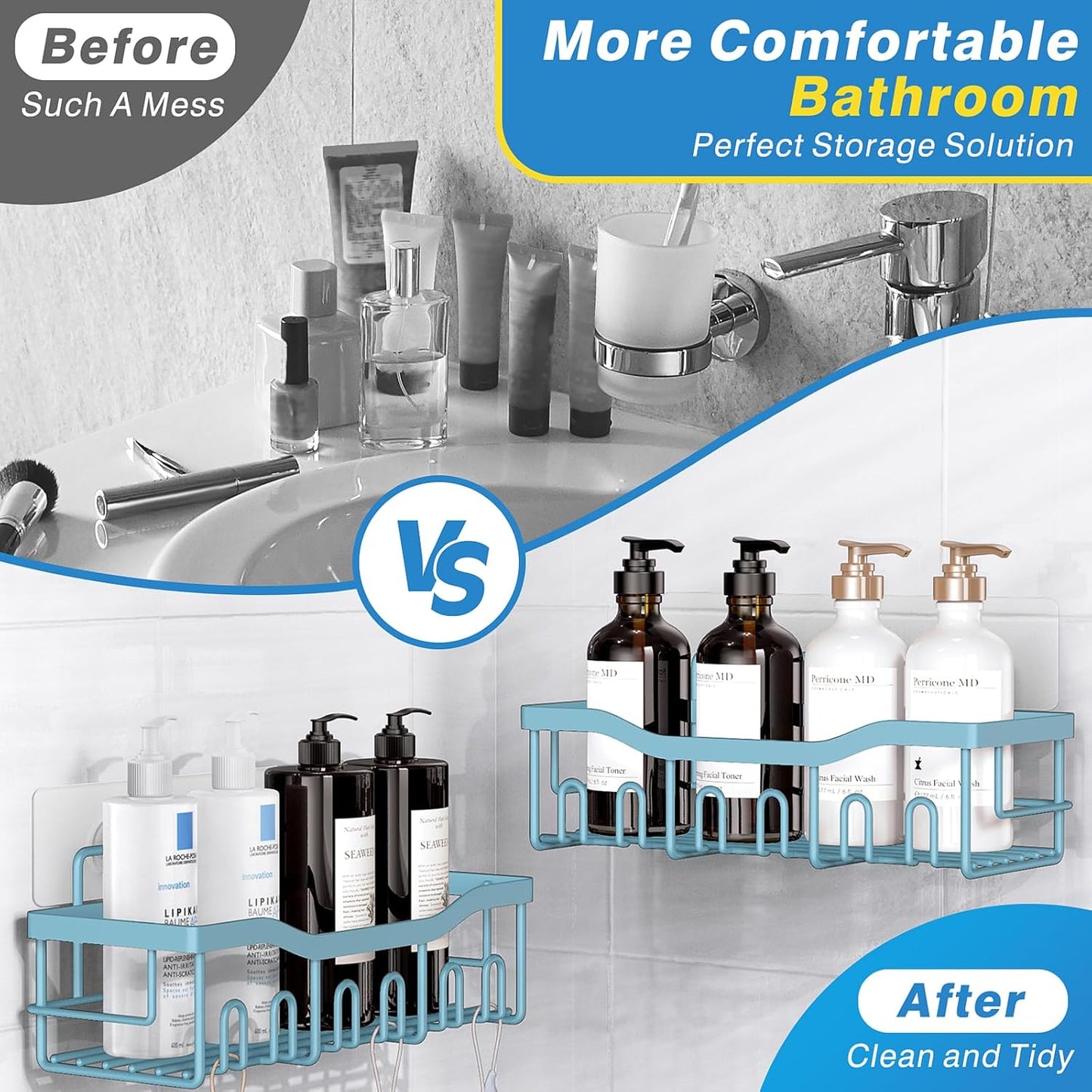 EUDELE 5-Pack Rustproof Stainless Steel Shower Caddy – No Drill Adhesive Bathroom Organizer with Large Capacity, Spacious Shower Shelves for Inside Shower, Kitchen & Home Decor Storage