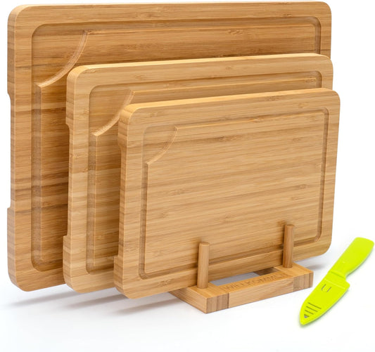 Bamboo Cutting Board Set of 3, Cutting Boards for Kitchen with Juice Groove, Bamboo Chopping Board Set, Serving Board Set for Meat, Fruit Vegetable and Cheese