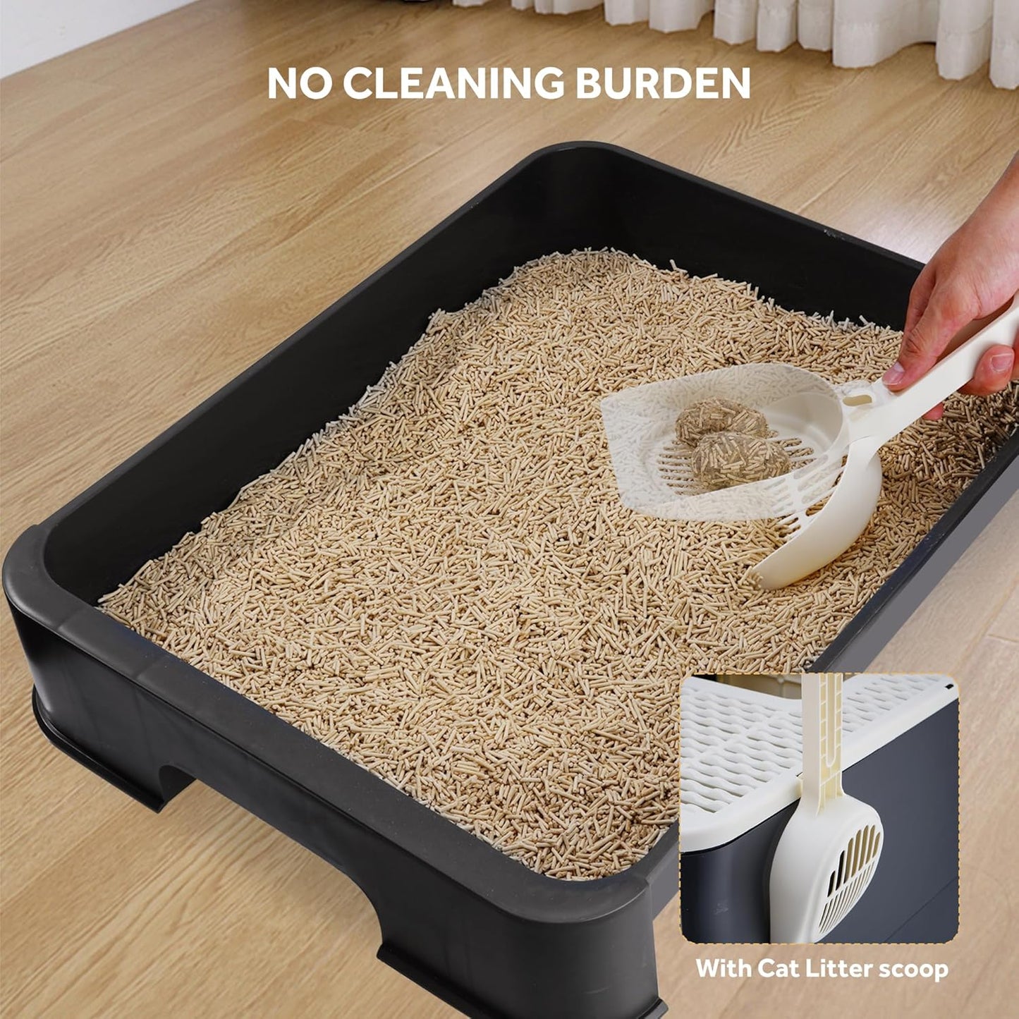 Foldable Cat Litter Box, Top Entry Kitty Litter Box with Lid & Scoop Extra Large Space Enclosure Toilet (Black) - LIVINGbasics