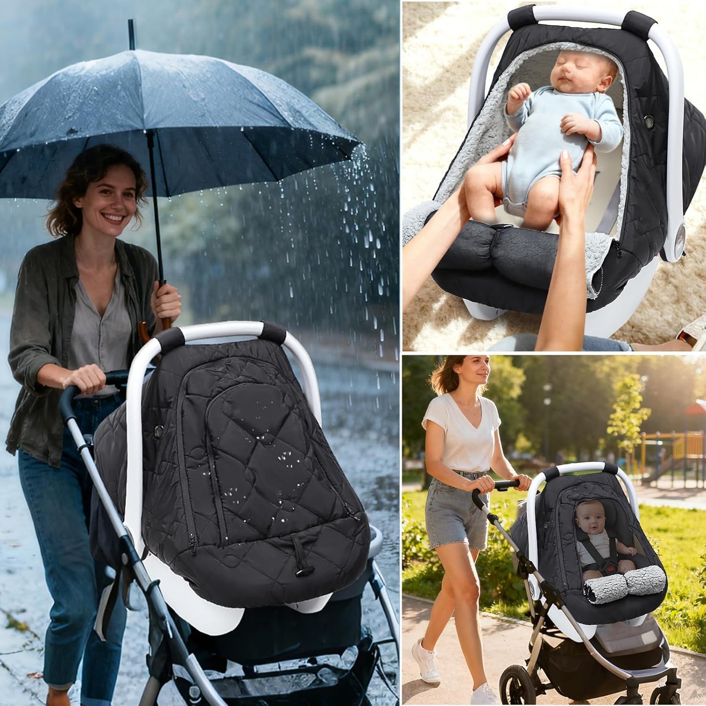 Winter Car Seat Cover for Baby Girl & Boy – Waterproof Infant Car Seat Canopy with Breathable Mesh, Thick Warm Fleece, Weather-Resistant Baby Winter Essential for Stroller & Carrier, Universal Fit, Black