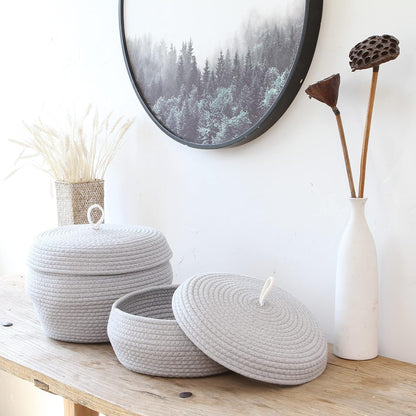 Sea Team Round Cotton Rope Storage Basket with Lid, Decorative Woven Storage Bin, Pot, Caddy, Organizer, Container for Snacks, Towels, Plants (Grey, Small)