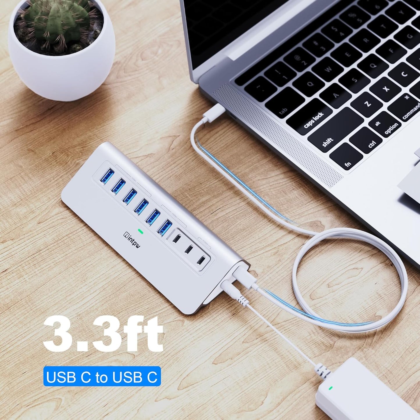 Powered USB Hub, Intpw 9-Port USB 3.2/USB C Hub with 10Gbps, 5*USB 3.0 + 45W PD Charging Ports, 3.3FT Cable and 65W Power Adapter, Aluminum USB Extender Hub for iphone16/ipad/Macbook/Laptop,PC