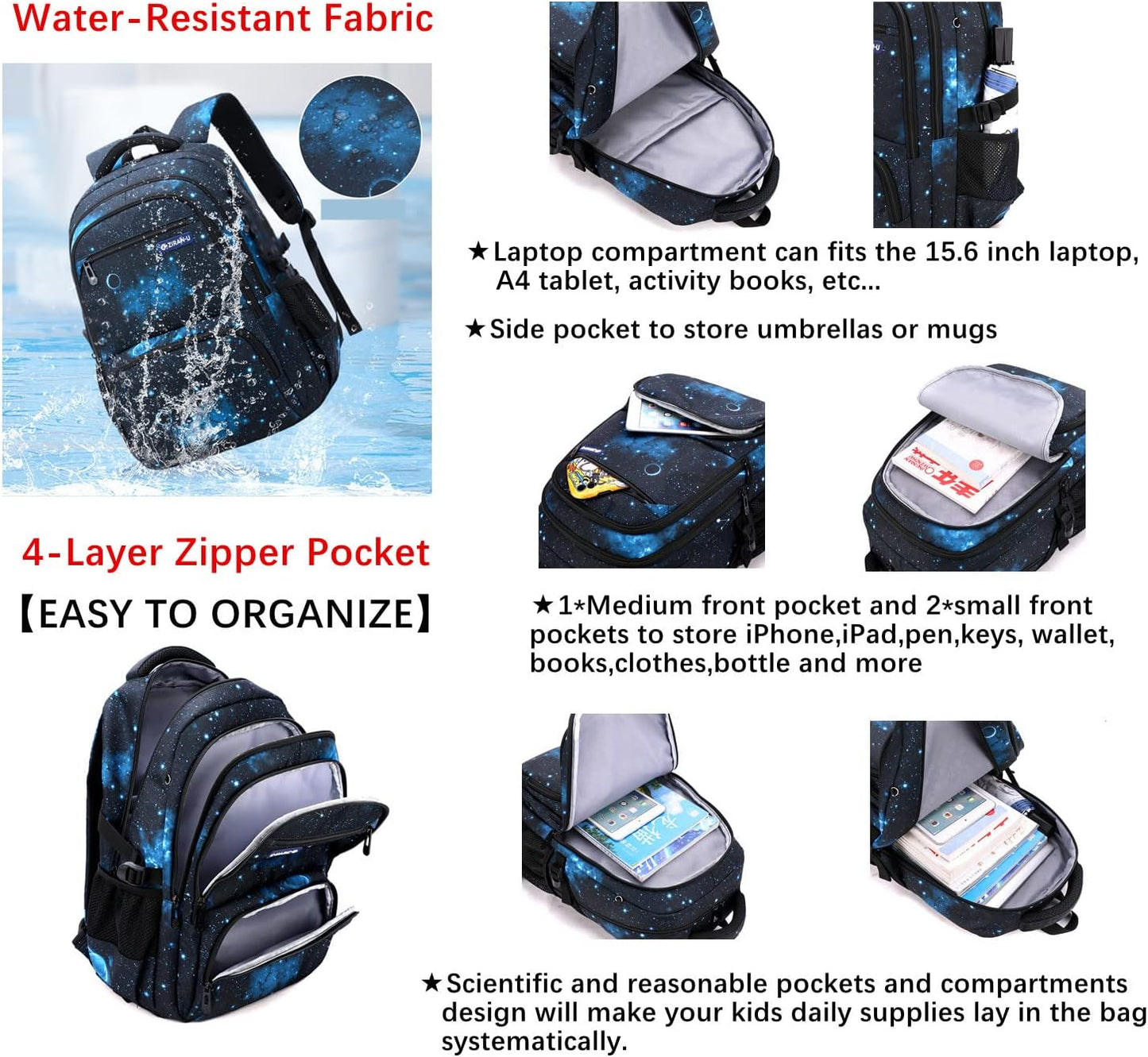 Boys Backpacks Primary Junior High School Bag Kids Bookbag with Lunch Bag 3 in 1 Casual Daypack Set Space Galaxy Durable Knapsack