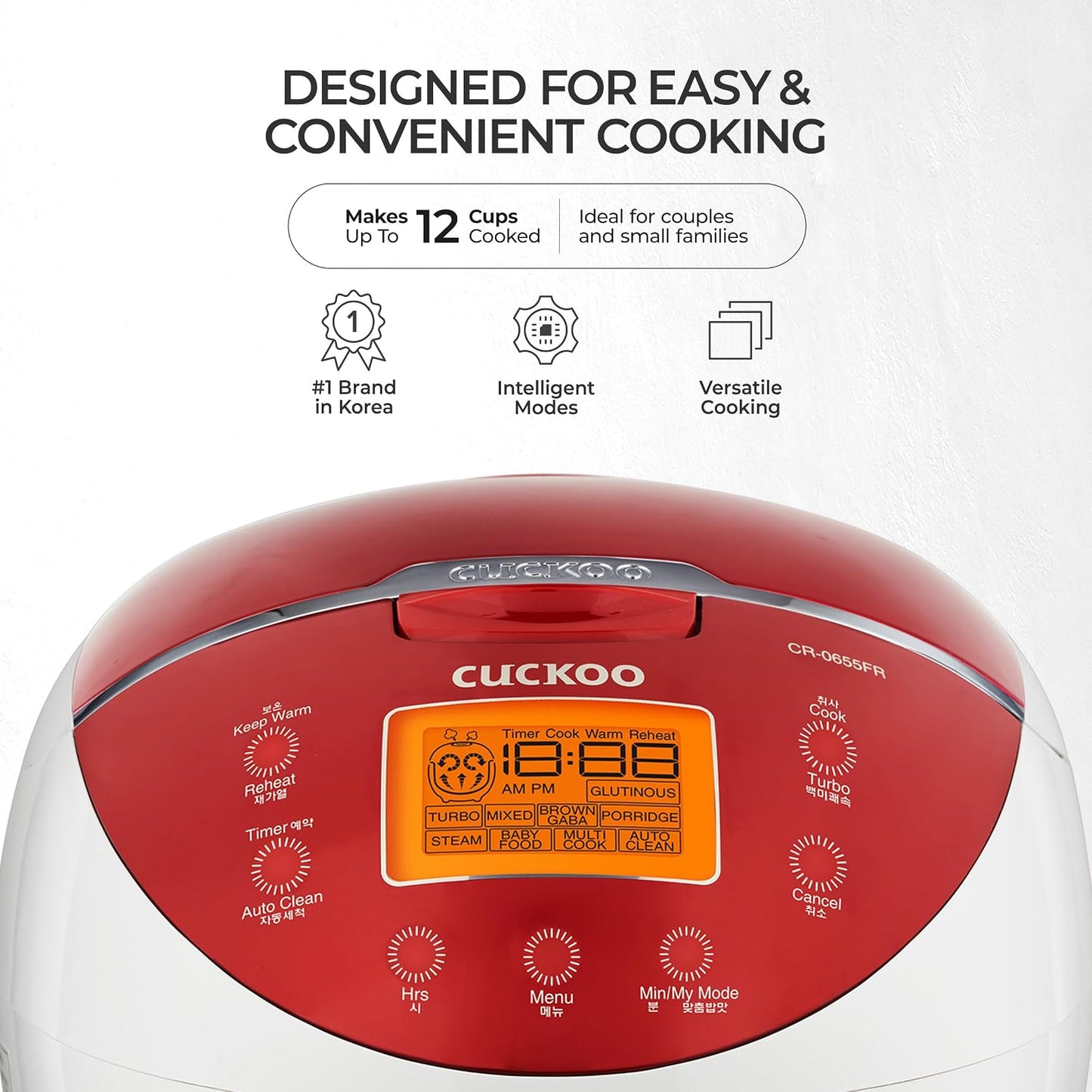 CUCKOO Rice Cooker 6 Cup Uncooked / 12 Cup Cooked, Classic Fuzzy Logic Rice Cooker Small with Delay Timer & Keep Warm Setting, Versatile Food Steamer for Cooking, Non-Stick Inner Pot, Red (CR-0655F)