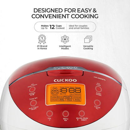 CUCKOO Rice Cooker 6 Cup Uncooked / 12 Cup Cooked, Classic Fuzzy Logic Rice Cooker Small with Delay Timer & Keep Warm Setting, Versatile Food Steamer for Cooking, Non-Stick Inner Pot, Red (CR-0655F)