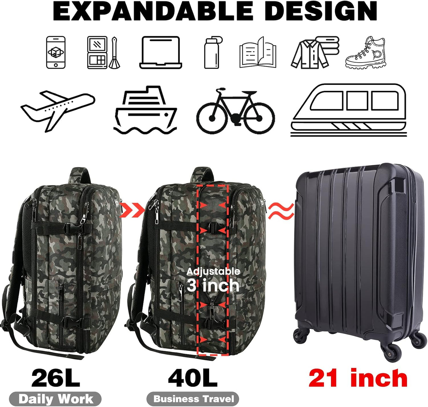 Mogplof Carry on Backpack, Airline Flight Approved Travel Backpack for Men, WOmen 40L Extra Large Expandable Water Resistant Backpack Lightweight Daypack Perfect Fit for 17 17.3 Inch Laptop, Black