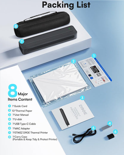 Inkless D90E Portable Thermal Printer with Case & 10 Sheets, Black | Bluetooth Wireless Printer Compatible with Phones & Laptops, Supports 8.5" x 11" & A4, Back to School Supplies for Teachers