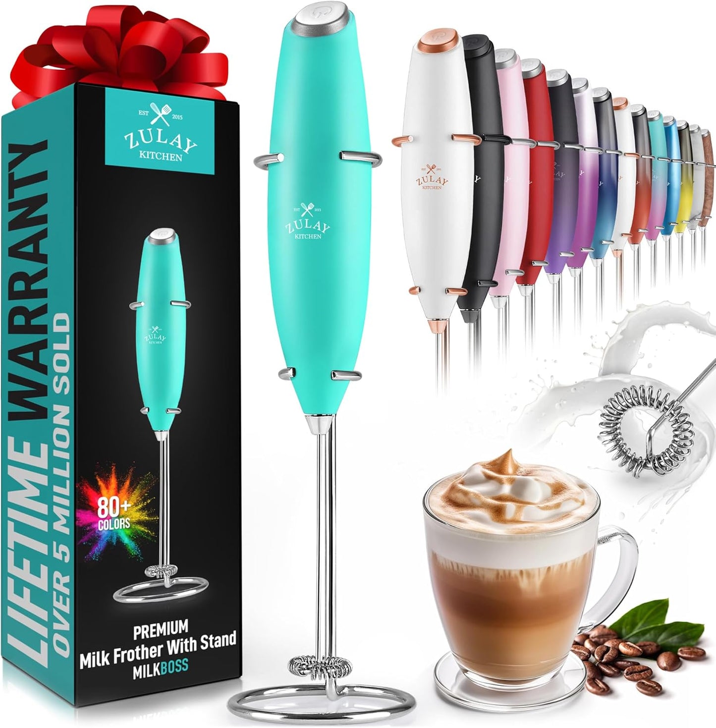 Zulay Kitchen Powerful Double Whisk Milk Frother Handheld - Foam Maker with Stand - Whisk Drink Mixer for Coffee, Mini Foamer for Latte, Matcha, Frappe, Hot Chocolate & Cappuccino (Black)