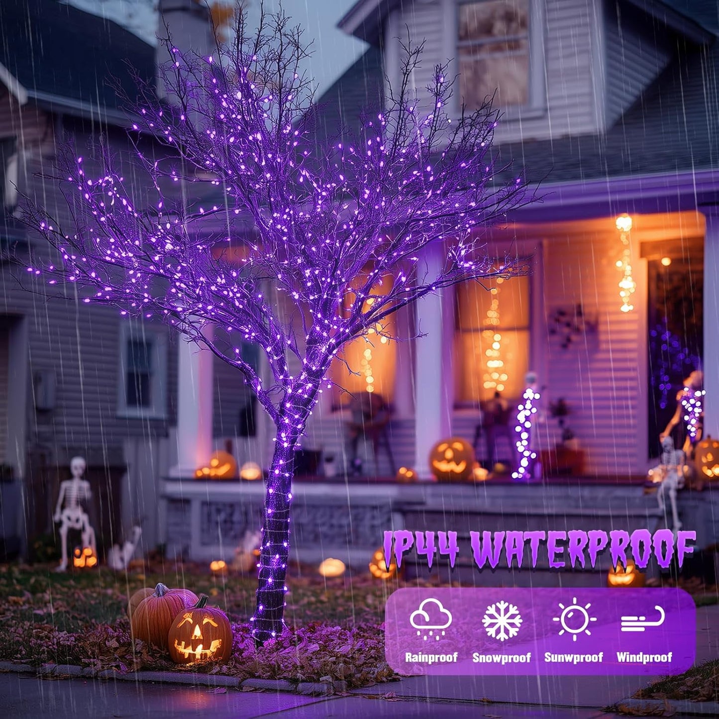 Solar Halloween Decoration Lights, JMEXSUSS 2 Pack 33FT 100 LED Orange and Purple Halloween String Lights, Halloween Lights with 8 Modes for Halloween Tree Yard Outdoor Spooky Party Garden Decorations