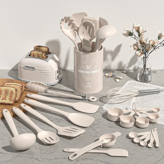 Silicone Kitchen Cooking Utensils Set, Umite Chef 22Pcs Heat Resistant Kitchen Utensils, Spatula, Spoon, Whisk, Dishwasher Safe Kitchen Utensil Gadgets Tools Set for Nonstick Cookware(Khaki) - PuriLite