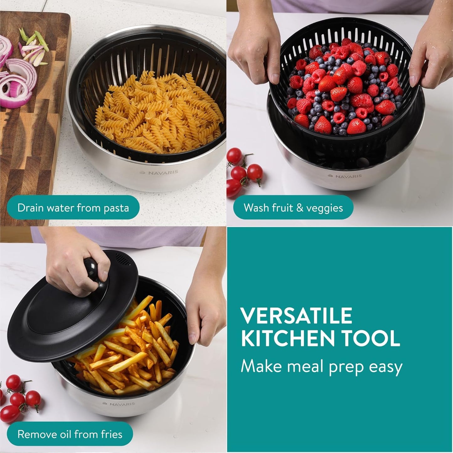 Navaris Salad Spinner with Lid - Salad Spinner Stainless Steel - Salad Dryer - Easy Washing, Drying and Spinning - Includes Grating and Slicing Discs