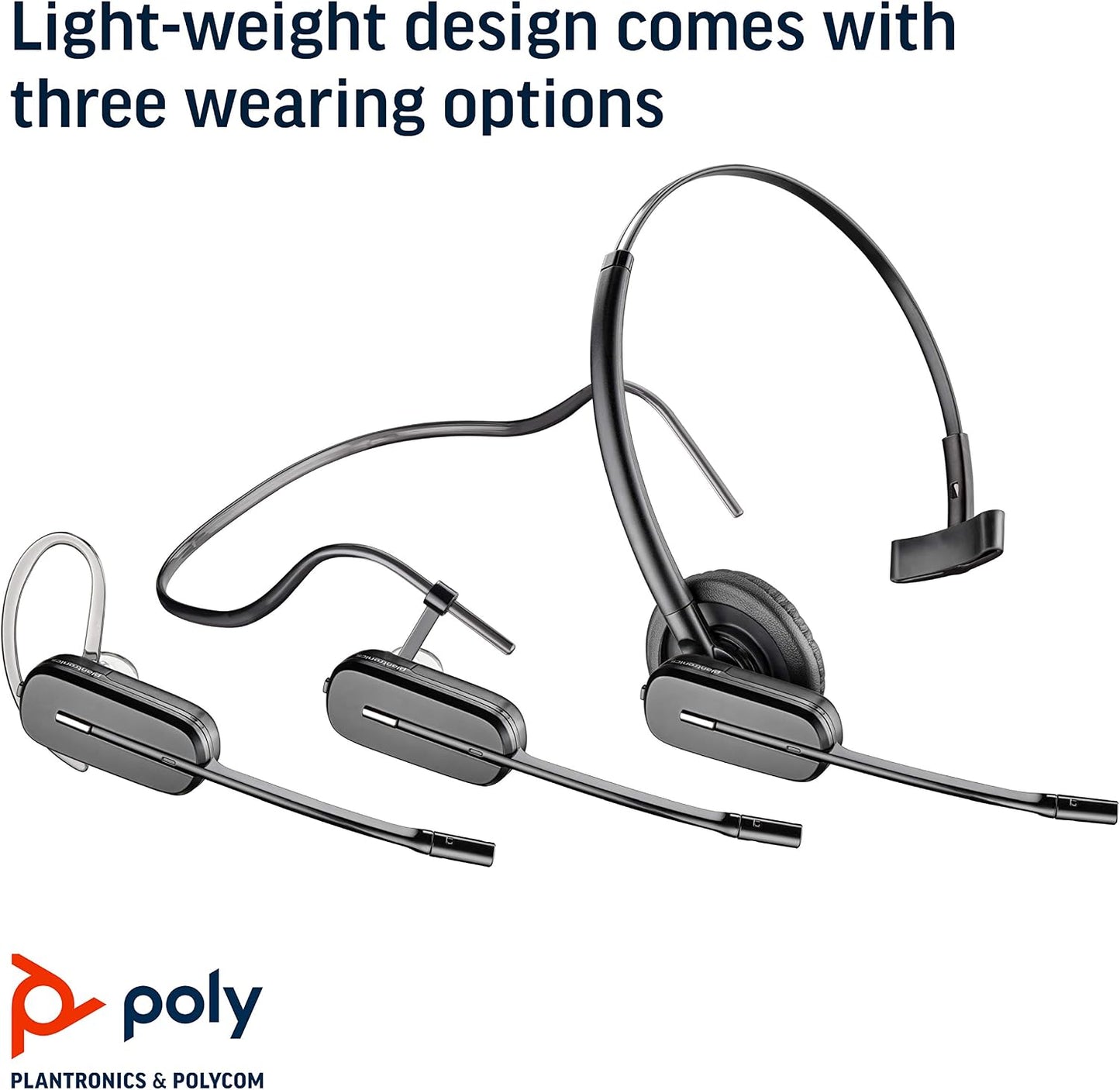 Plantronics - CS540 Wireless DECT Headset (Poly) - Single Ear (Mono) Convertible (3 wearing styles) - Connects to Desk Phone - Noise Canceling Microphone