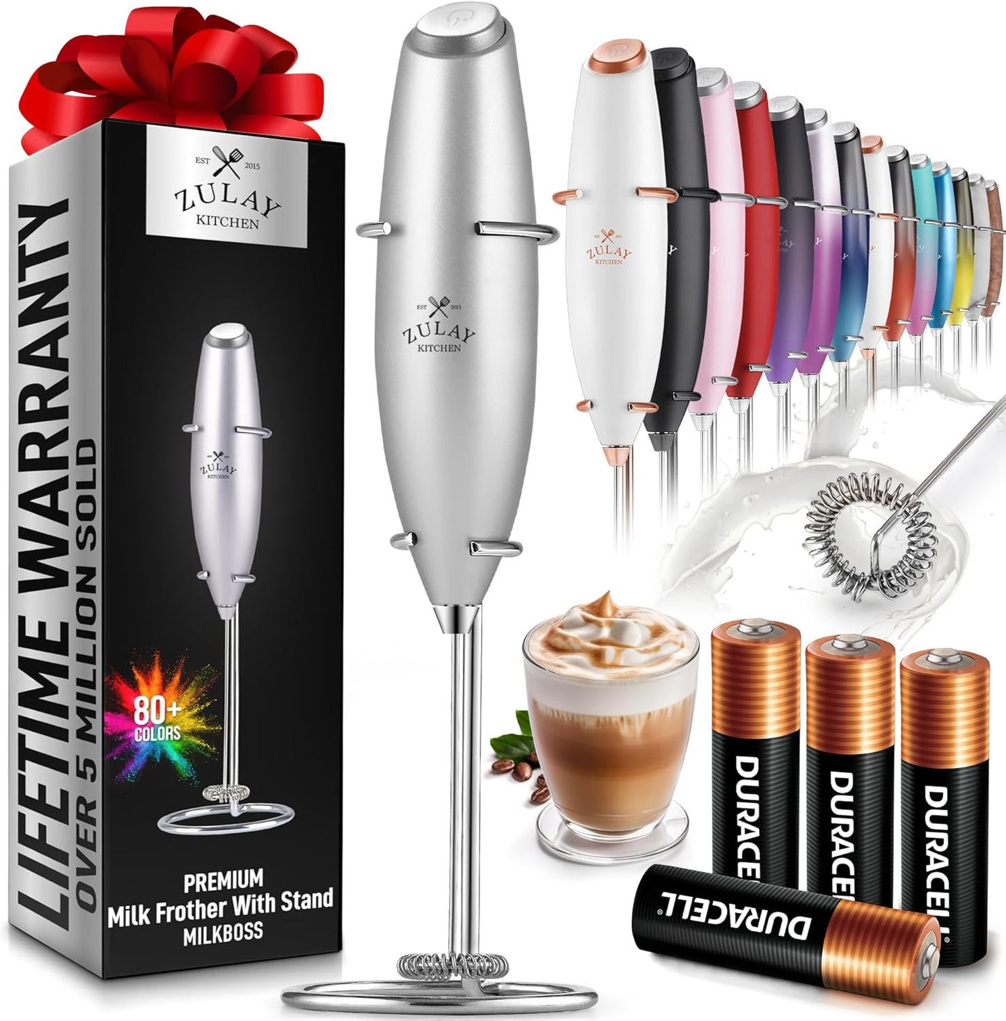 Zulay Milk Frother Complete Set Coffee Gift, Handheld Foam Maker for Lattes - Whisk Drink Mixer for Coffee, Mini Blender for Cappuccino, Frappe - Includes Frother, Stencils & Frothing Cup (Black)