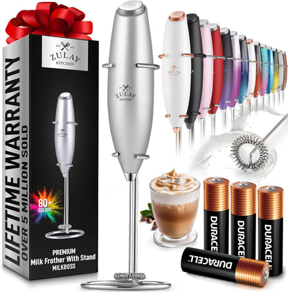 Zulay Milk Frother Complete Set Coffee Gift, Handheld Foam Maker for Lattes - Whisk Drink Mixer for Coffee, Mini Blender for Cappuccino, Frappe - Includes Frother, Stencils & Frothing Cup (Black)