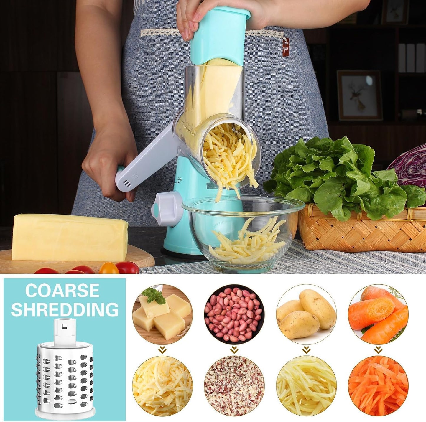 Purilite Select Rotary Cheese Grater with 3 Stainless Steel Blades