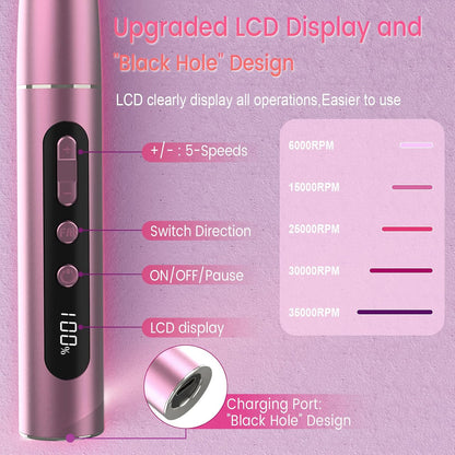 Cordless Electric Nail Drill 35000 RPM, Professional Portable Nail File for Acrylic Nails & Gel Polish Removal, Low Vibration & Heat E-file with 11 Drill Bits, Salon-Quality Manicure Pedicure Kit (Rose Pink）