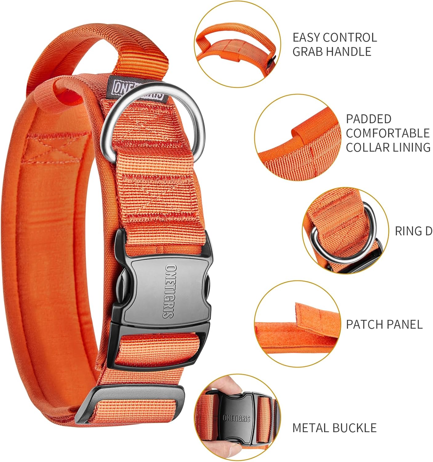 OneTigris Tactical Dog Collars with Handle,Military Dog Collar for Large Dog,Adjustable Nylon Collar German Shepherd Collar with Heavy Duty Metal Buckle for Dog Training and Walking (M, Orange)