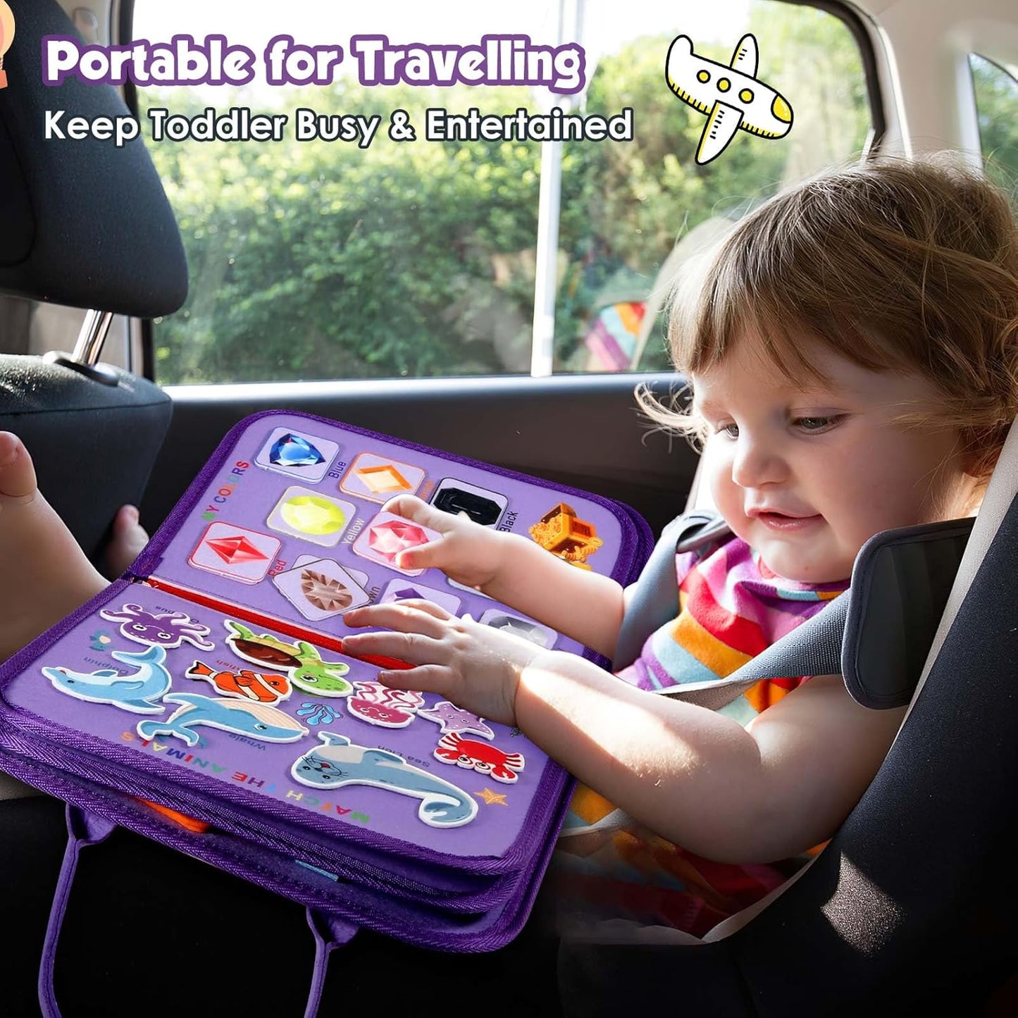 Winblo Toddler Busy Board - Montessori Toys for Toddler Girl Birthday Gift, Educational Learning Sensory Busy Book for Girls, Airplane Car Travel Activities Toy for Toddlers