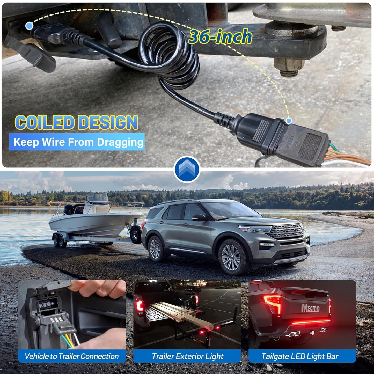 MECMO 3ft 4-Pin Flat Trailer Extension Coiled Cable 4 Pin Male and Female Wiring Harness Adapter, Trailer Wire Extension 4-Way Vehicle-Side and Trailer-Side 4 Prong Connector Extender Cord 3 Feet 36''