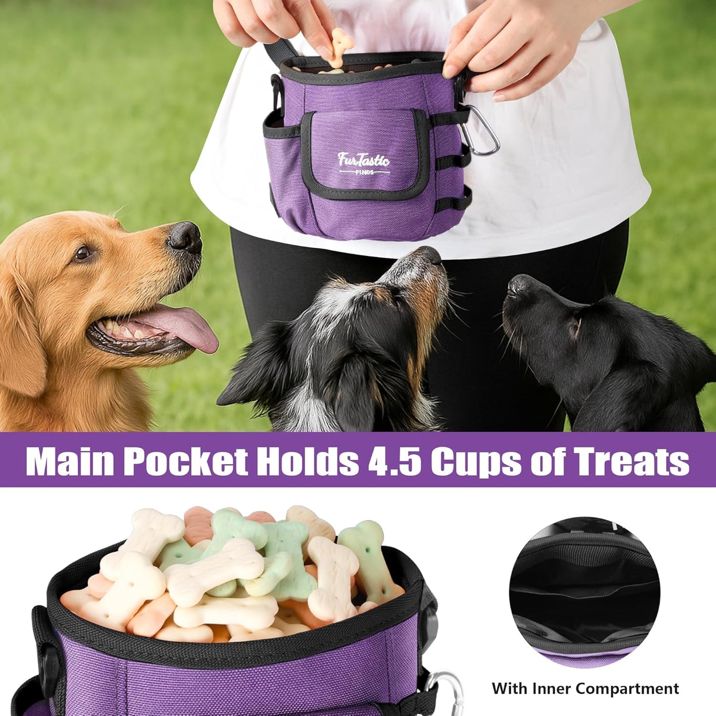 FurtasticFinds Dog Treat Pouch with Quick-Release Magnetic Closure, 3-Way Wear Treat Bags, 900D Waterproof Fabric, 4 Storage Spaces, Treat Pouch for Pet Training Walking (Grey)