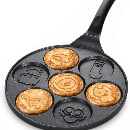Pancake Pan with 7 Animal Shapes- 10 Inch Grill Pan Non-Stick Griddle 7 Cavity Mini Pancake Maker for Baking Cake Pancke, Brunch, Parties, Birthdays