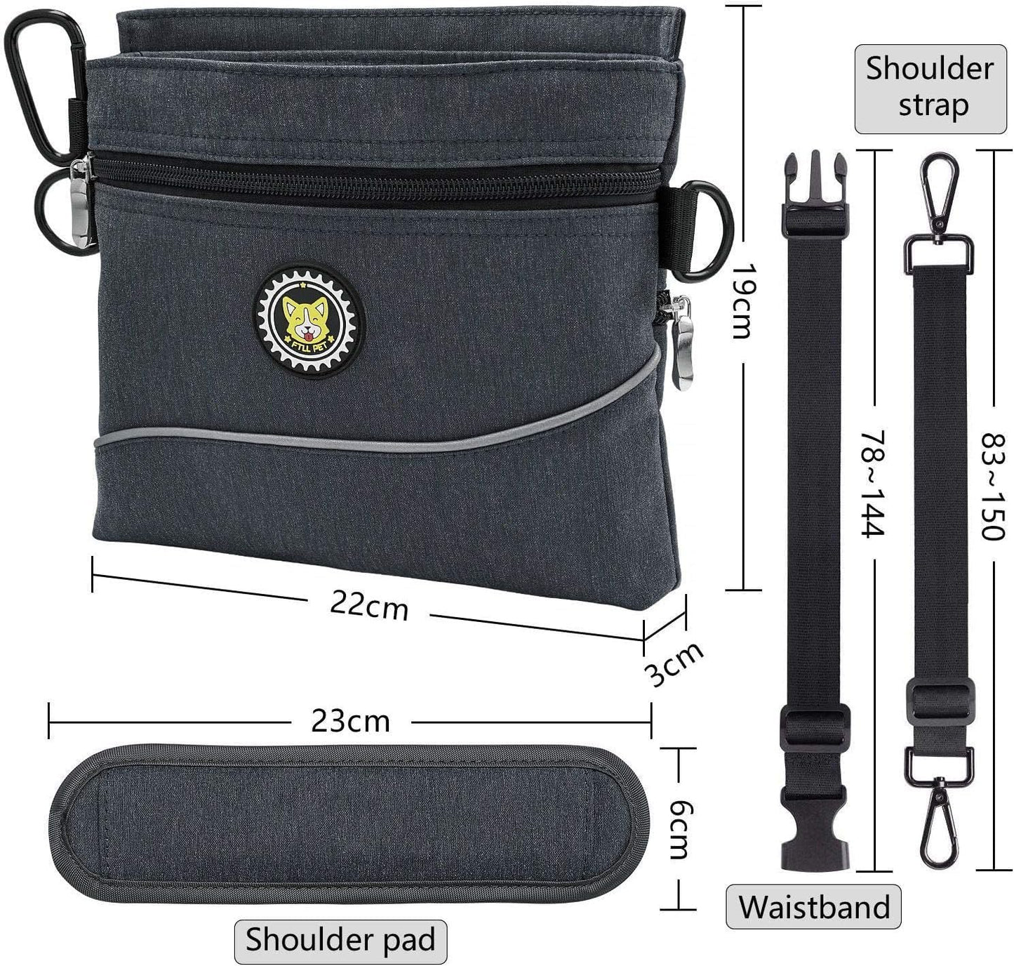 Dog Treat Pouch Bag with Magnetic Closure, 2 Zip Pockets, Dog Food Bag with Removable Inner Pocket, Padded Shoulder Strap, Perfect Food Bag for Agility Training - Including Carabiner