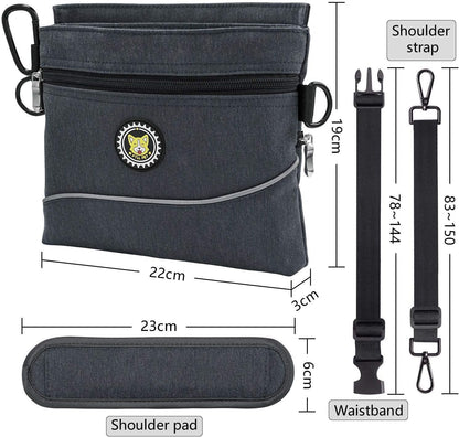 Dog Treat Pouch Bag with Magnetic Closure, 2 Zip Pockets, Dog Food Bag with Removable Inner Pocket, Padded Shoulder Strap, Perfect Food Bag for Agility Training - Including Carabiner