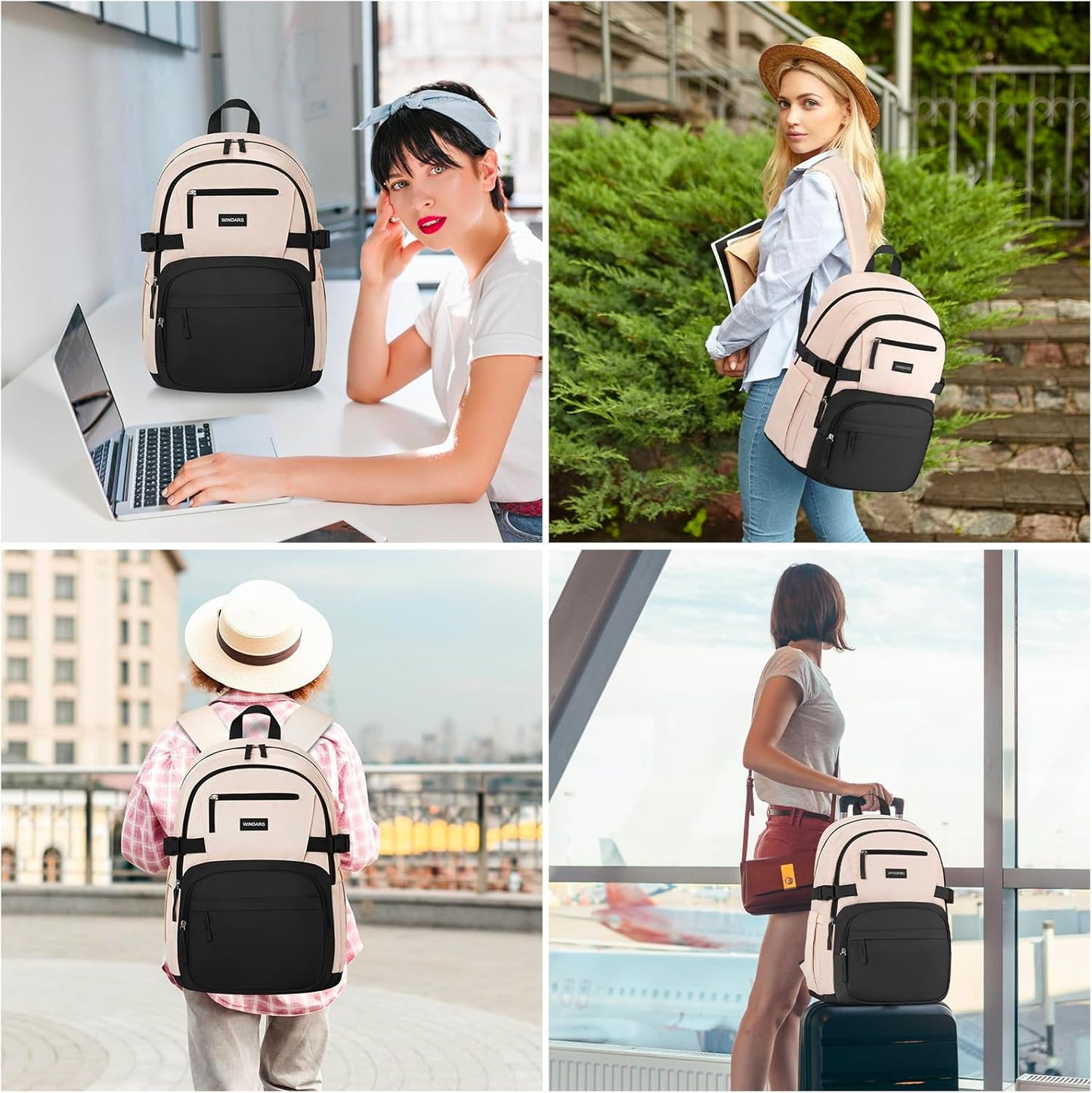 WINDARS Backpack for School Girls, Cute High School Backpacks for Teens Women Student Large Bookbag 15.6 Inch Laptop Bag with USB Charger Port for College Work Travel Trip (Beige Khaki)