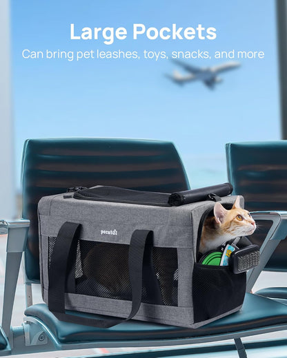 Pecute Cat Carrier Airline Approved, Thickened 5mm Steel Wire Frame, Stable Dog Carrier for Small Dogs, Breathable Foldable Pet Carrier with Sunshade, Suitable for Pets up to 5kg/11lbs (Dark Gray)