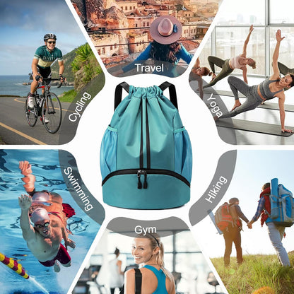 Hoedia Sports Drawstring Backpack - String Swim Gym Bag with Shoes Compartment and Wet Proof Pocket for Women/Men