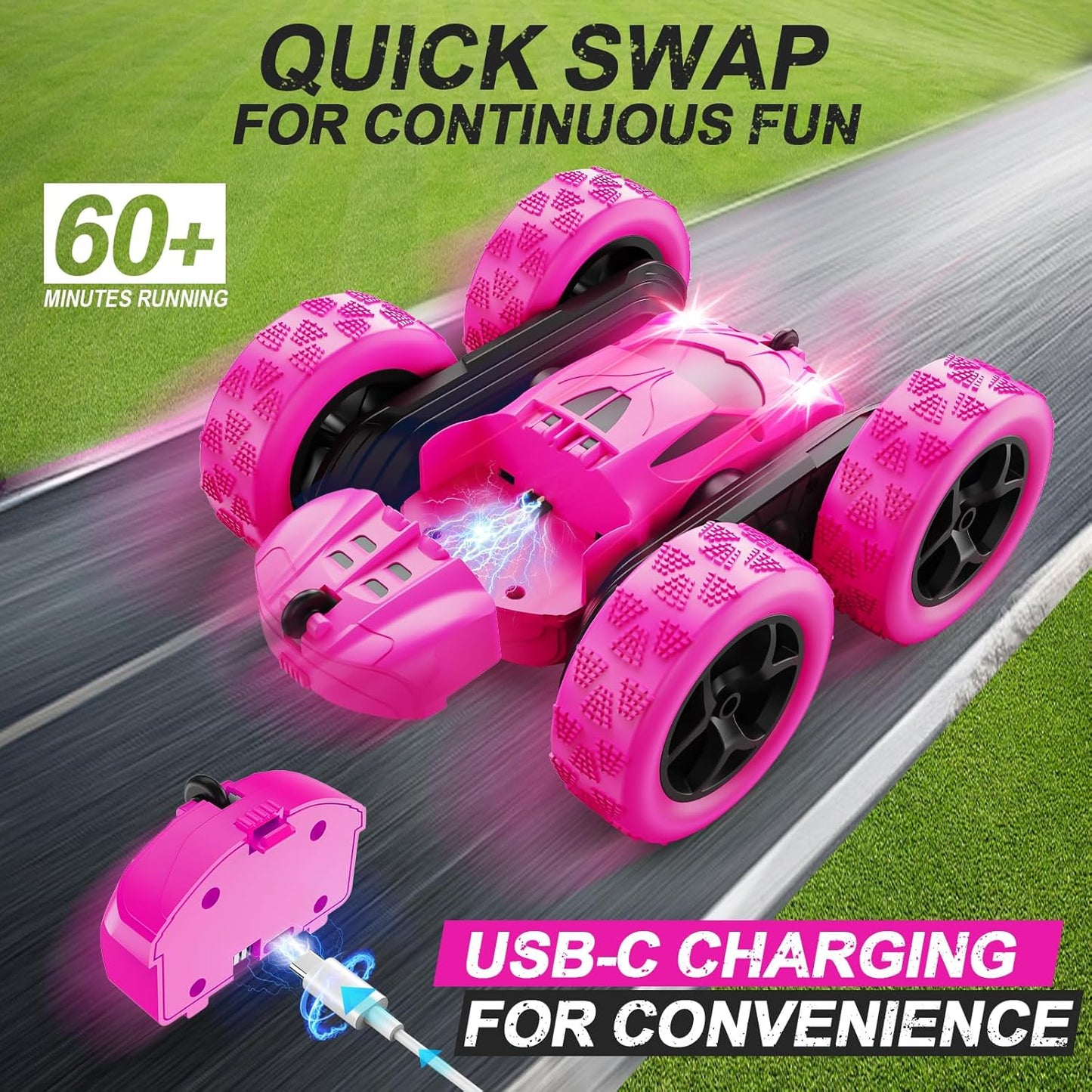 QUNREDA Remote Control Car for Kids Ages 6+, RC Cars Stunt Car Toy 4WD Double Sided 360° Rotating Remote Control with Headlights, Birthday Xmas Gifts for Boys 6 7 8 9 10 11 12 1-Blue