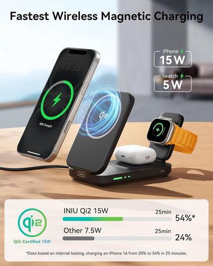 INIU 3 in 1 Wireless Charging Station, Qi2 Certified 15W Travel Charger for Apple Multiple Devices, Foldable Charger Stand for iPhone 16 15 14 13 12 Series Apple Watch AirPods (with Adapter)