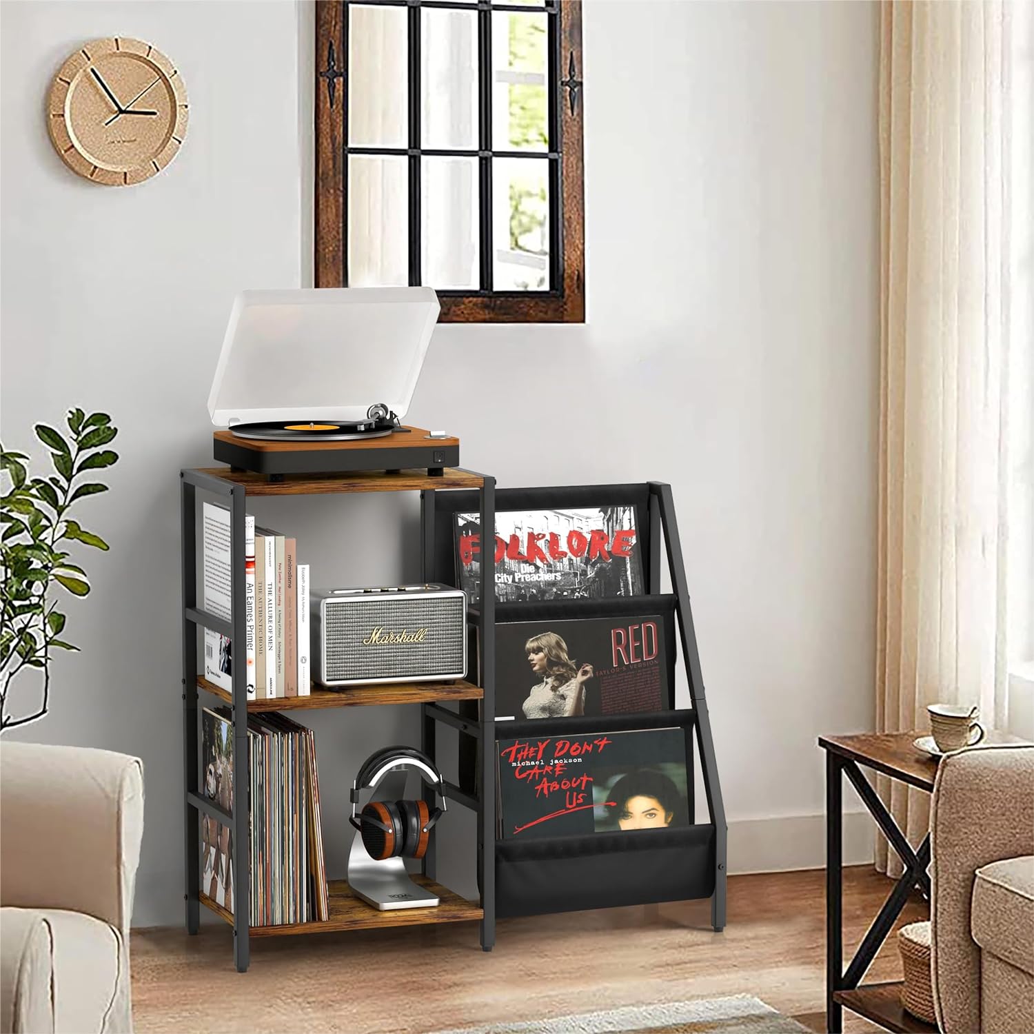 Record Player Stand with Vinyl Storage, Record Player Table with Record Storage 200 Albums, Turntable Stand with Record Holder Vinyl Display Shelf, Record Cabinet Media Stereo (White) - PuriLite