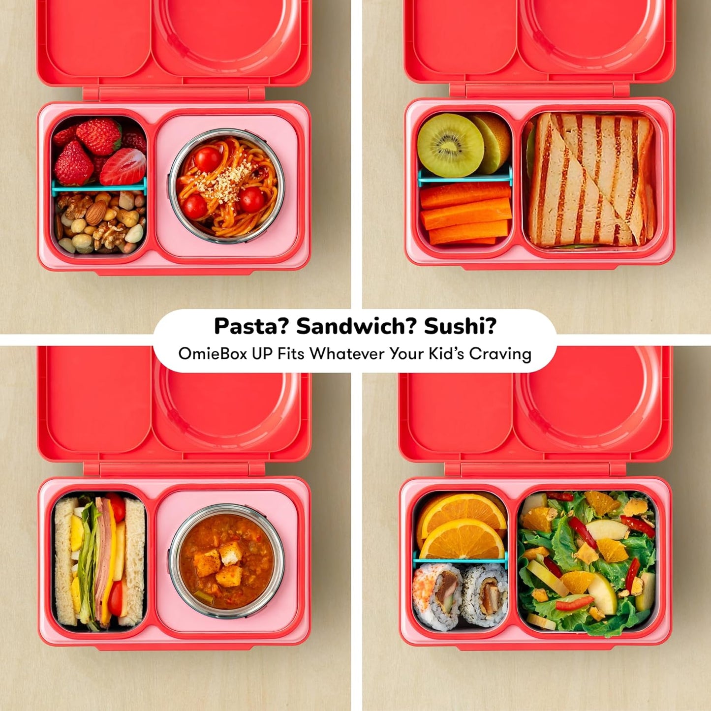 OmieBox UP bento box for kids | Insulated lunch box | Insulated food jar | Cooler ice pack | 2 Compartments (Cherry Pink)