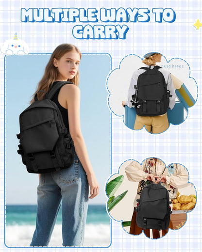 School Backpack for Women Men College High School Bags for Boys Girls Casual Daypack Laptop Backpack Waterproof Black Bookbag Travel Rucksack