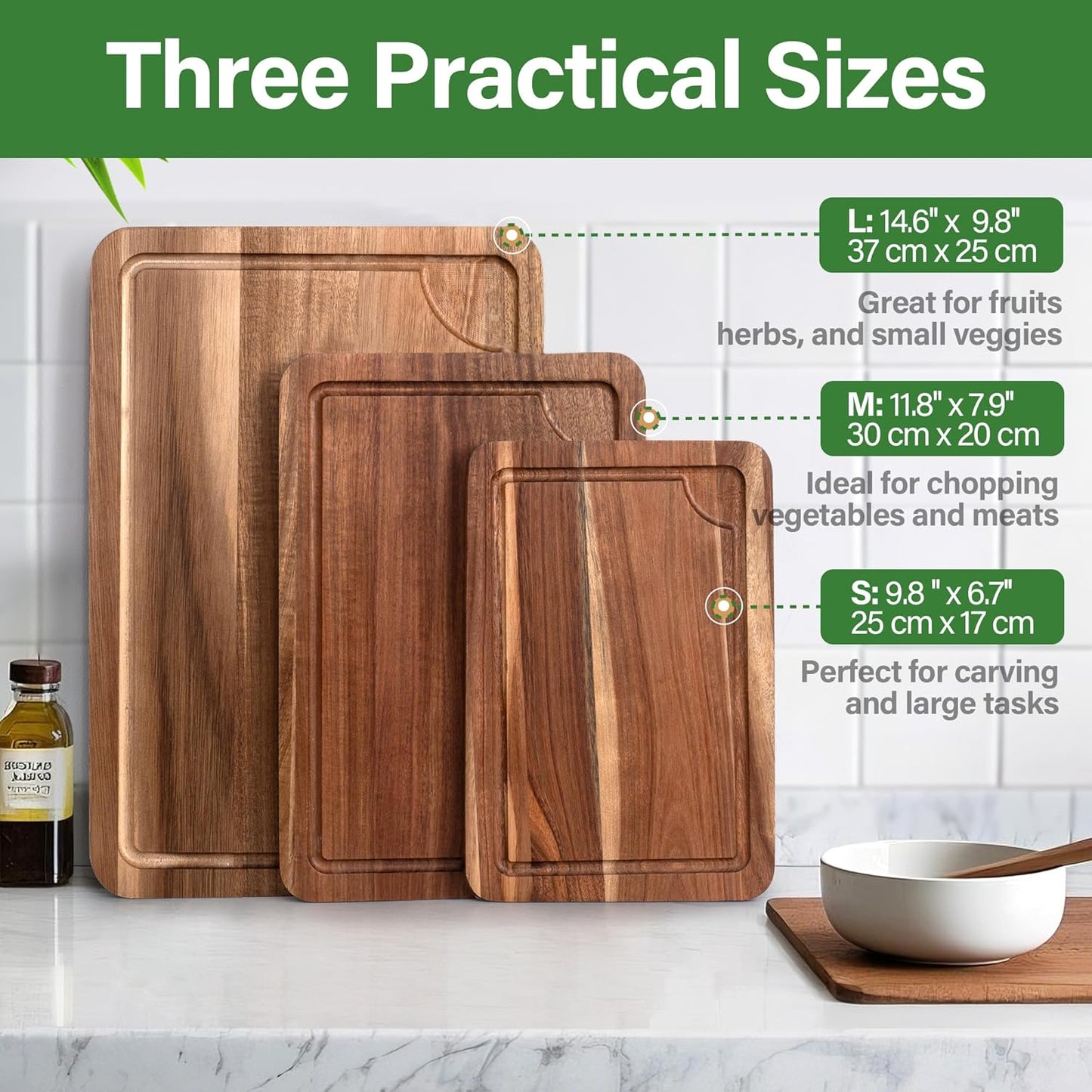 Bamboo Cutting Board for Kitchen, Bamboo Cutting Board Set of 3 with Juice Groove, Double-Sided Chopping Board Serving Board with Hanging Hole for Meat, Vegetables and Cheese