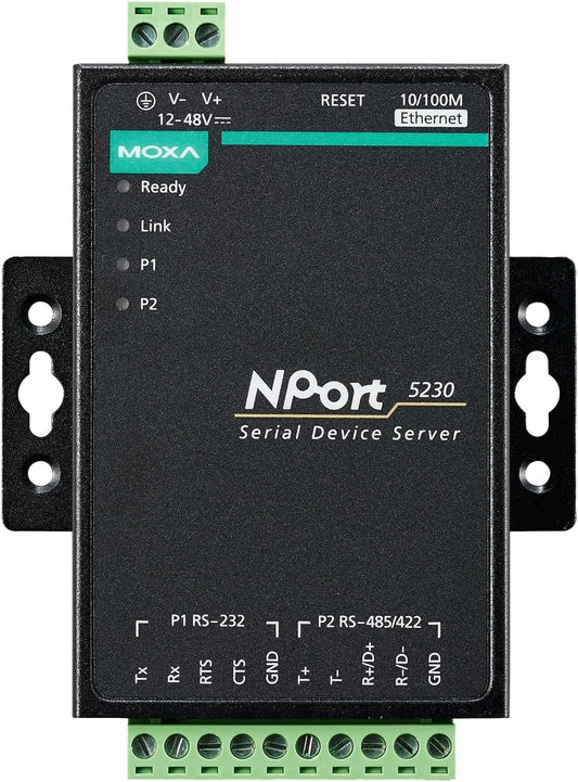 MOXA NPort 5230 2-Port Device Server, 10/100 Ethernet, RS-232 x 1, RS-422/485 x 1, Terminal Block - PuriLite
