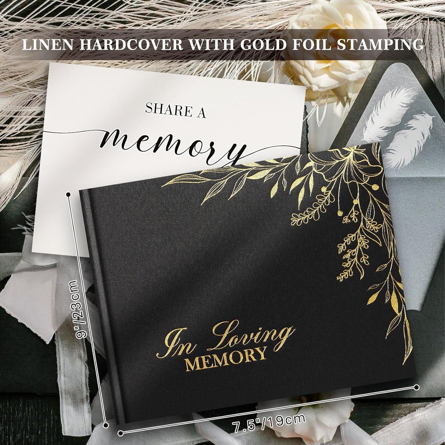 Lanpn Funeral Guest Book for Memorial Service, Linen in Loving Memory Registry Guest Book, Funeral Favors Sign in Books for Guests Celebration of Life Memory Book for Funeral with Table Sign, Black