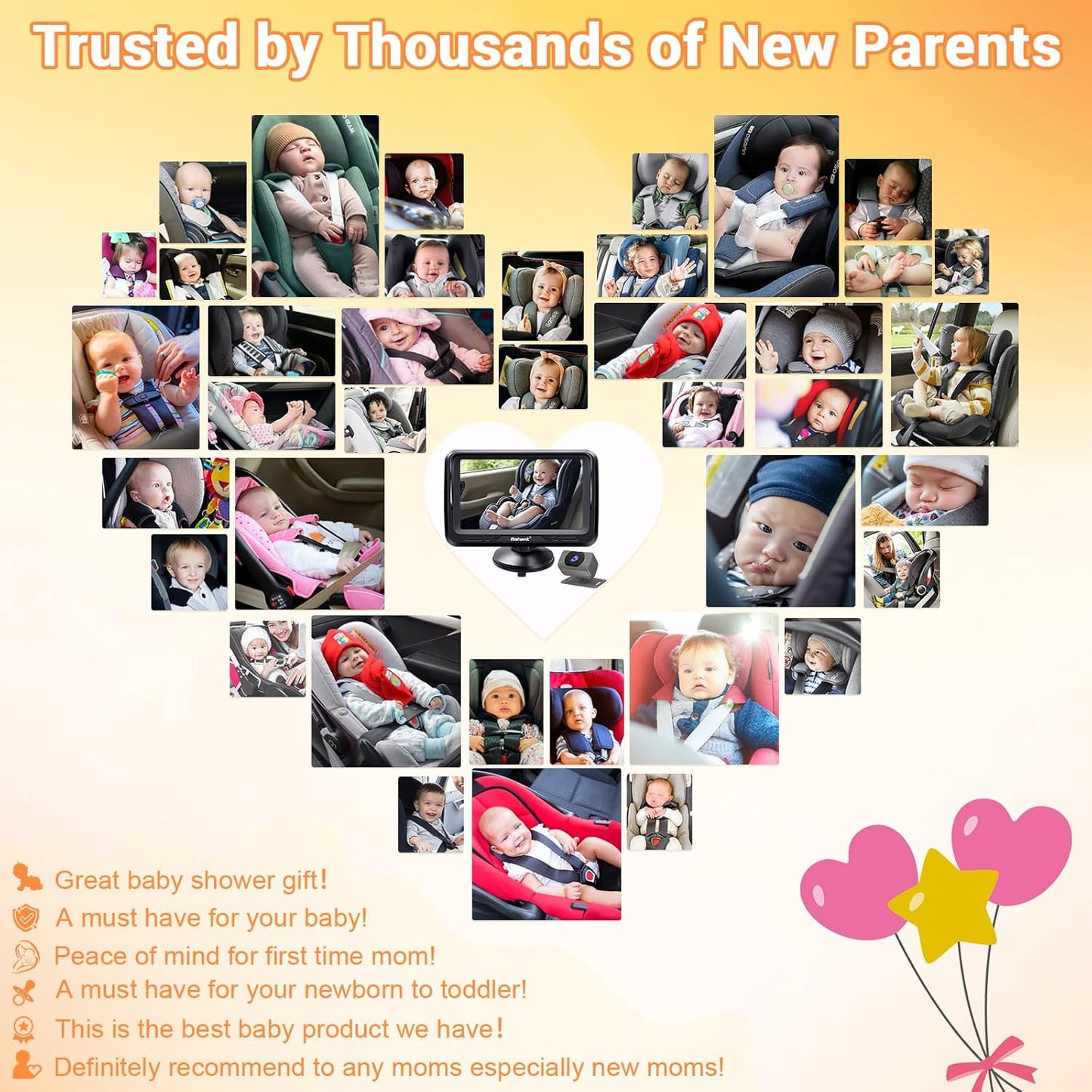 Rohent Baby Car Camera HD 1080P - Rear-Facing Infant Monitor with Night Vision Car Camera for Baby 150° Wide-Angle Lens Anti-Glare Screen Easy Install 360° Adjustable Display