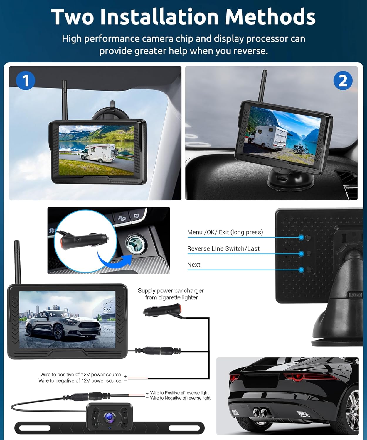 Podofo Wireless Backup Camera 4.3 inch Monitor Wireless Digital Signal AHD Waterproof Night Vision Trailer License Plate Rear View Camera System for Car SUV Truck Pickup,Easy to Install