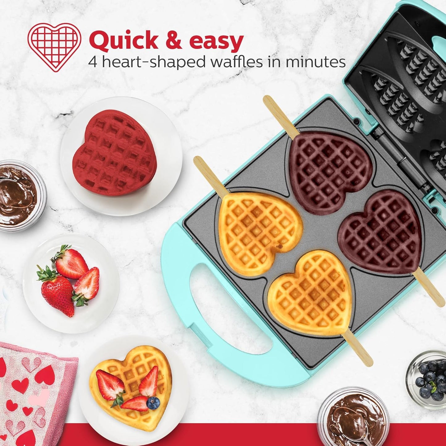 Holstein Housewares - Non-Stick Heart Waffle Maker, Lavender - Makes 4 Heart-Shaped Waffles in Minutes