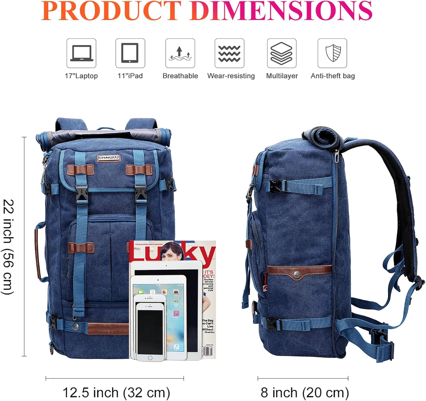 WITZMAN Canvas Backpack Vintage Travel Backpack Large Laptop Bags Convertible Shoulder Rucksack