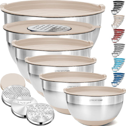 Priority Chef 6Pc Large Mixing Bowls with Lids Set with Non-Slip Bases, Stainless Steel Mixing Bowl Set, 6 Airtight Lids and 3 Graters, Serving Nesting Metal Bowl Set, Grey