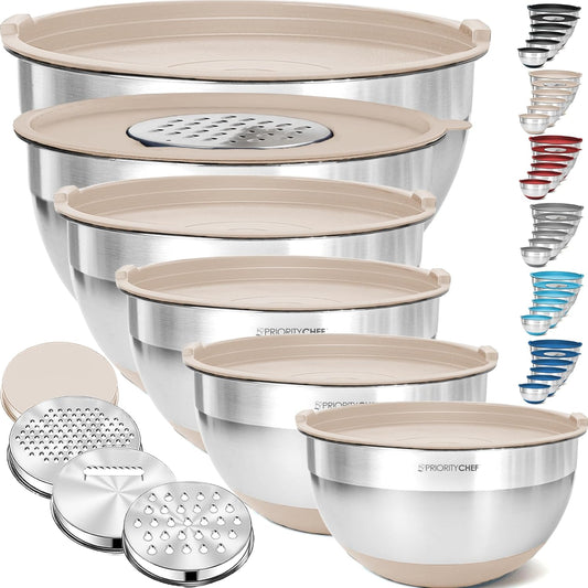 Priority Chef 6Pc Large Mixing Bowls with Lids Set with Non-Slip Bases, Stainless Steel Mixing Bowl Set, 6 Airtight Lids and 3 Graters, Serving Nesting Metal Bowl Set, Grey