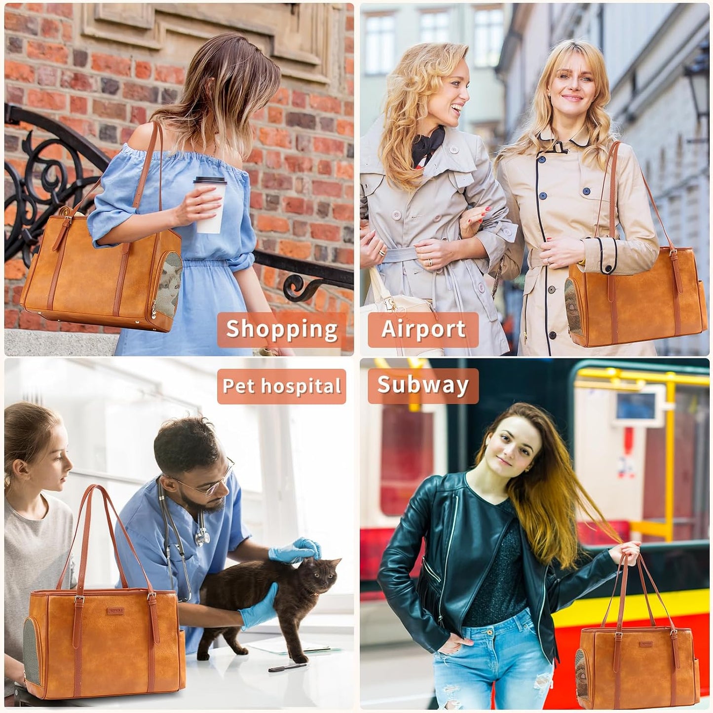 Lasaviin Fashion Dog Purse Pet Carrier Leather Bag for Small Dogs Cats Puppy, Portable Tote Bag Airline Approved Soft-Sided Carriers (Brown)