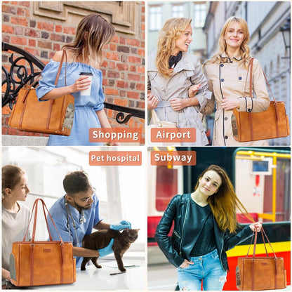 Lasaviin Fashion Dog Purse Pet Carrier Leather Bag for Small Dogs Cats Puppy, Portable Tote Bag Airline Approved Soft-Sided Carriers (Brown)