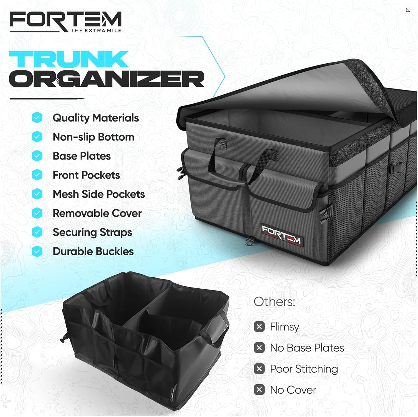 FORTEM Car Trunk Organizer, Collapsible Multi Compartment Car Organizer, Foldable SUV Storage for Car Accessories for Women Men, Non Slip Bottom, Securing Straps, Soft Cover 50L (Black, Standard)