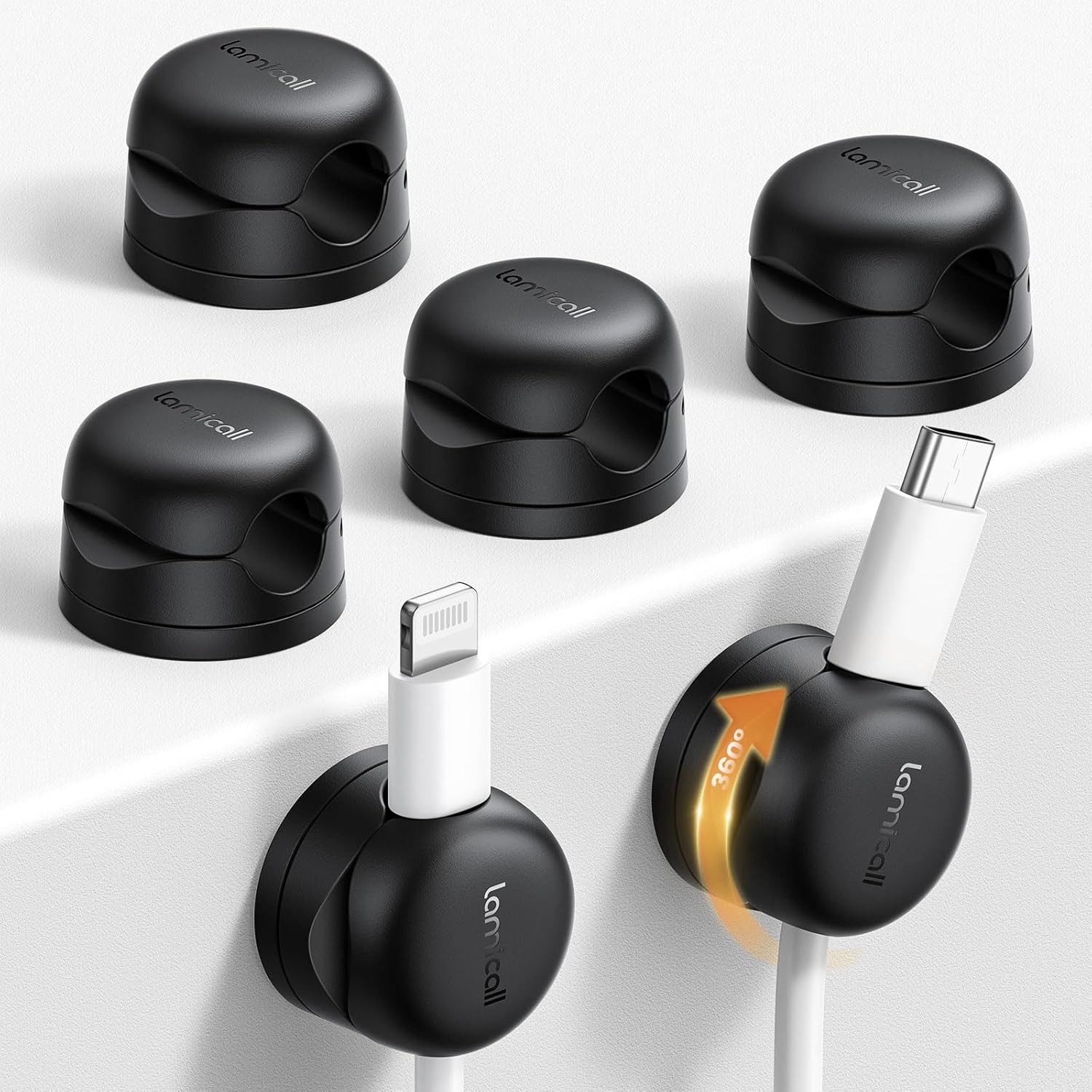 Lamicall Rotatable Cable Organizer Clips 6-Pack – Self-Adhesive Desk Cord Holder with Spring Lock – USB Charger Wire Management - PuriLite