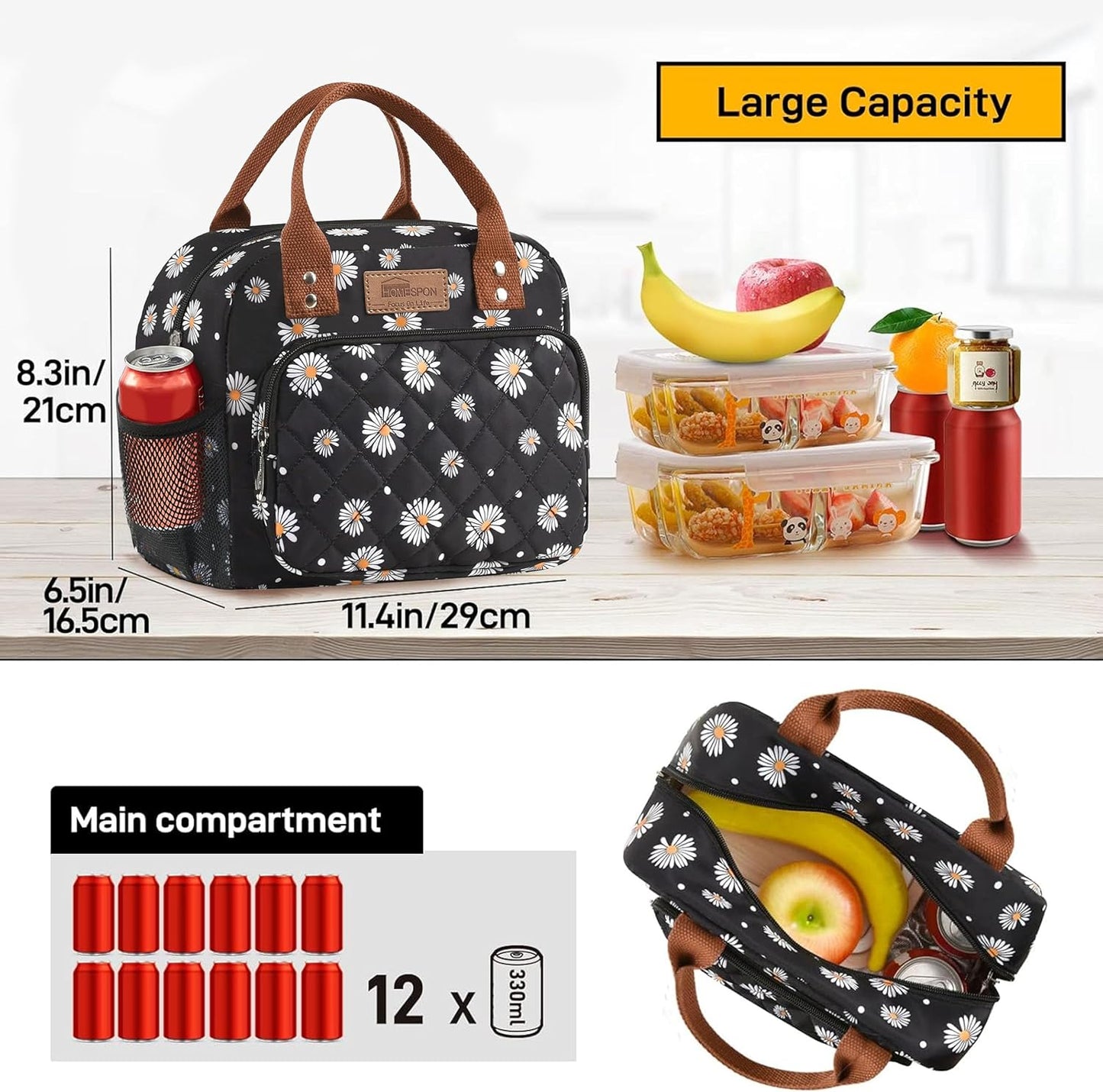 HOMESPON Lunch Bag for Woman Man Adults with Front Pocket Insulated Lunch Tote Lunch Box Container for Work Picnic or Travel(Black)